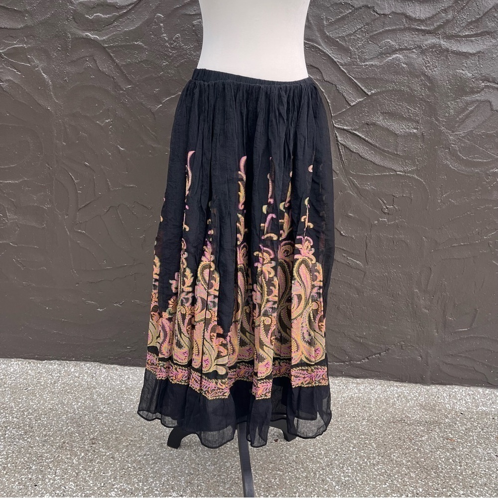 Coldwater Creek Black Maxi Skirt with Pink and Gold Paisley Embroidery